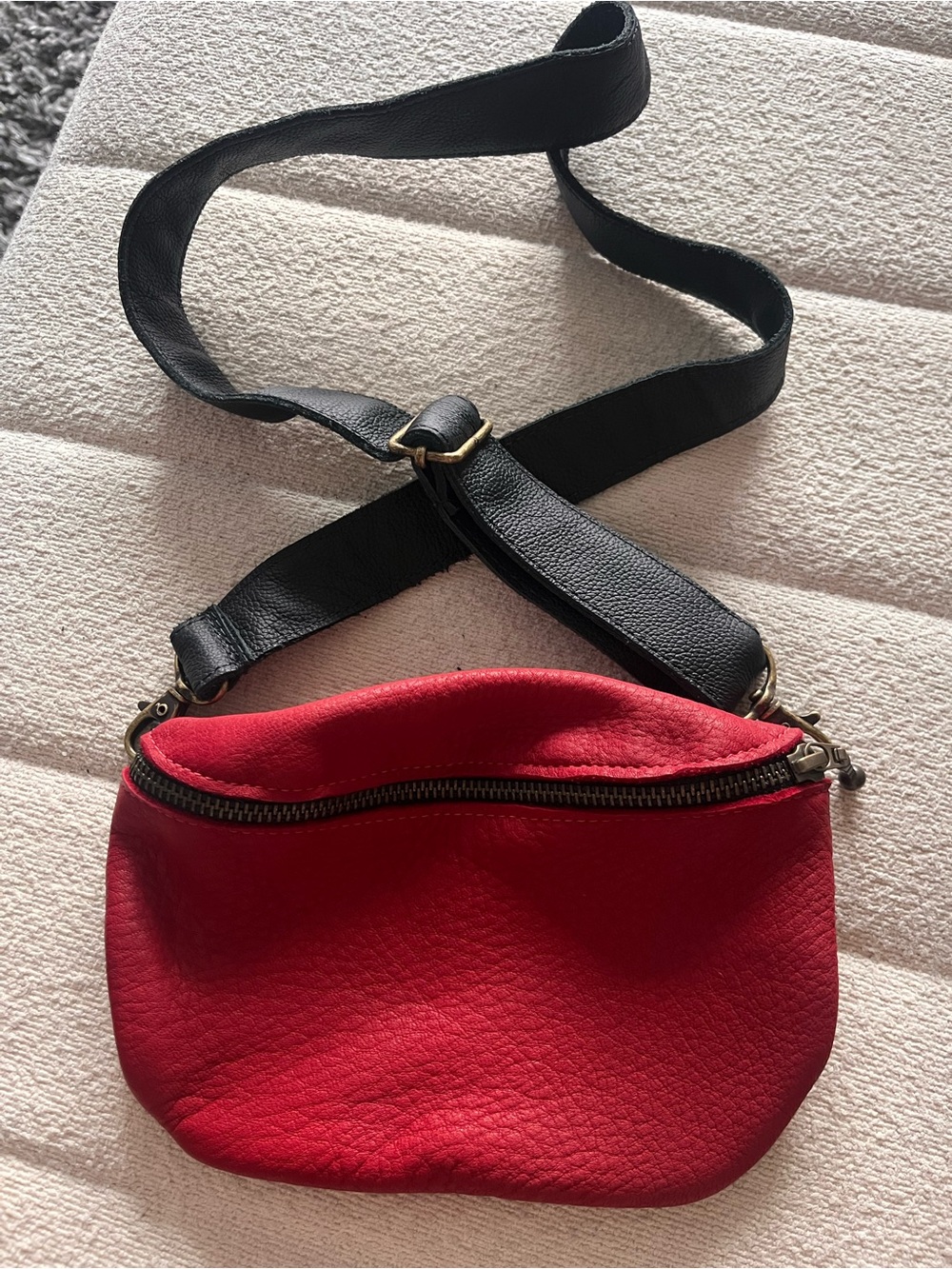 Red Leather Crossbody Belt Bag with Black Strap